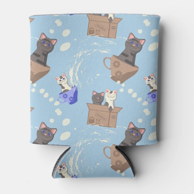 Porta-lata Gatos na caixa e leite cai em azul (Frente)
