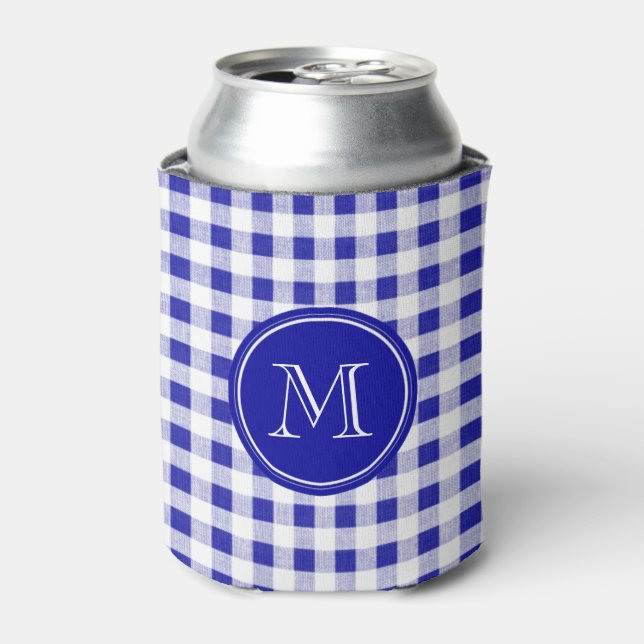 Porta-lata Gingham marinho Azul e Branco, seu Monograma (Can Front)