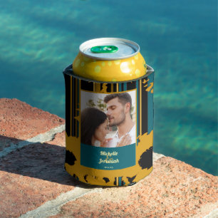 Porta-lata Girassol Azul Turquesa Dourado Casamento Moderno