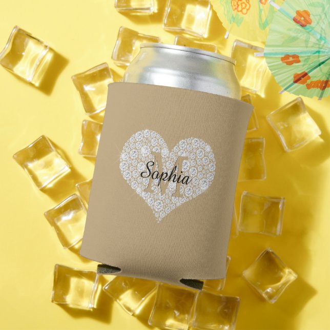 Porta-lata Grande Coração Diamante, Monograma Dourado, Nome d (Verão in situ)