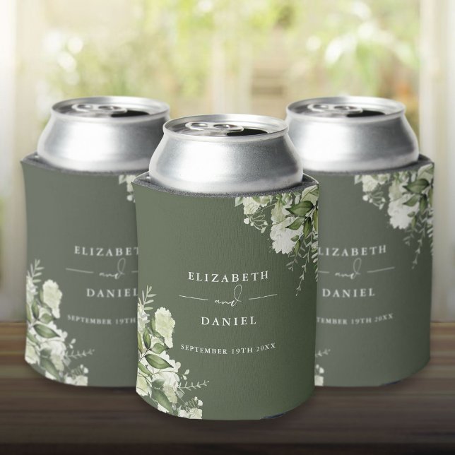 Porta-lata Greenery Floral Elegante Casamento Verde (Greenery Floral Elegant Olive Green Wedding Can Cooler)