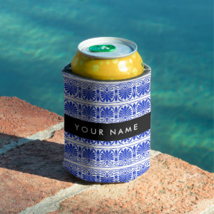 Porta-lata Grego Fret Arabesque Azul, Seu Nome, Personalize