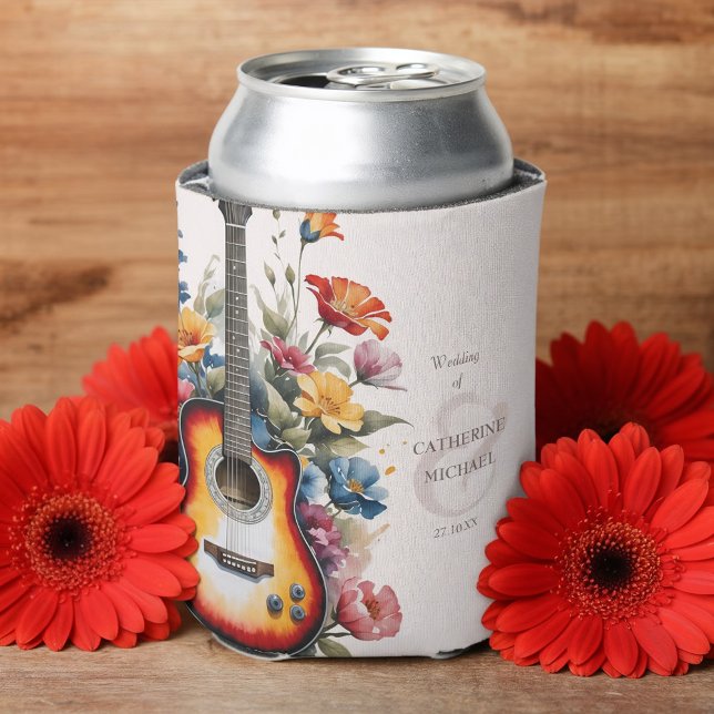Porta-lata Guitar Wildflower Ampersand Musical Wedding  (Front view guitar wedding can cooler with wildflower meadow summer wedding Can Cooler)