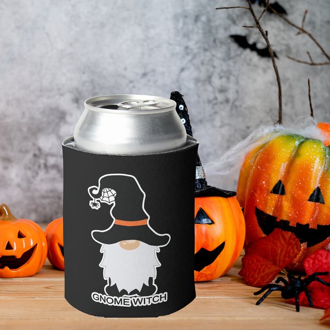 Porta-lata Halloween Gnomo Bruxa Branca Cabelo Negro Chapéu (Wizard Pumpkin Witch Halloween Gnomes Can Cooler)