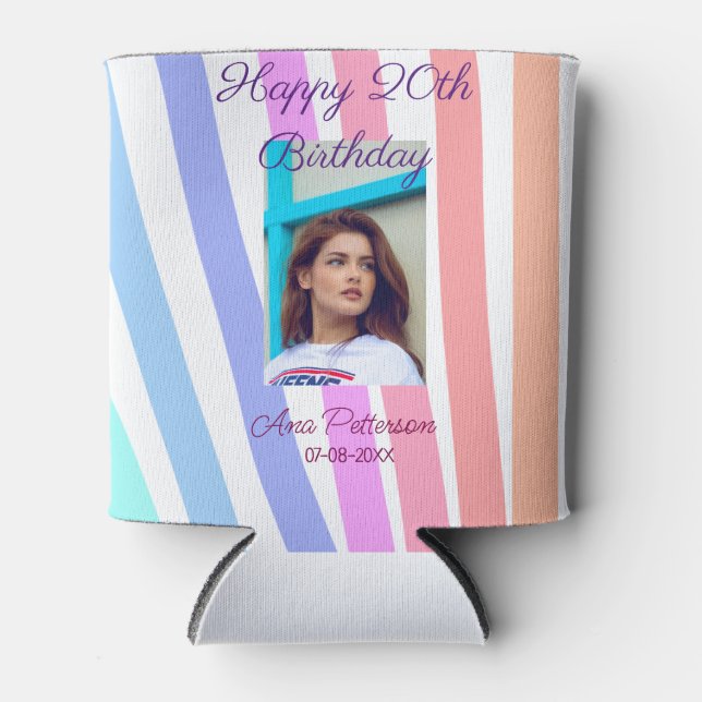 Porta-lata Happy 20th Birthday rainbow rustic boho lines phot (Frente)
