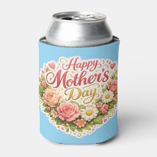 Porta-lata Happy Mother's Day elegant floral wreath teal can (Can Front)