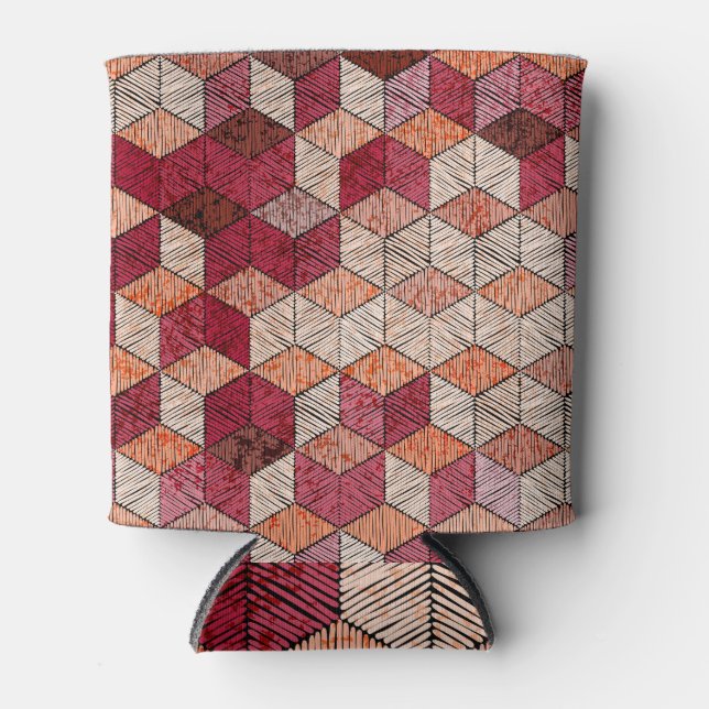 Porta-lata Hexágonos Bordados: Impressão de Patches Boêmia. (Frente)