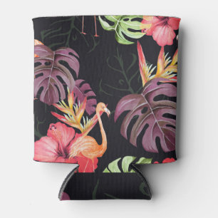 Porta-lata Hibiscus, Flamingos, Padrão Tropical Watercolor.