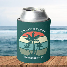 Porta-lata Ilha Tropical Palm Tree Sunset Beach Party Teal