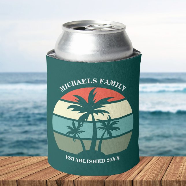Porta-lata Ilha Tropical Palm Tree Sunset Beach Party Teal (Criador carregado)