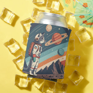 Porta-lata Ilustração Retro de Astronauta Gato no Espaço Cósm