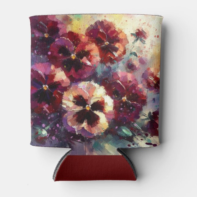 Porta-lata Impressionista Maroon Pansies Floral Pintura (Frente)
