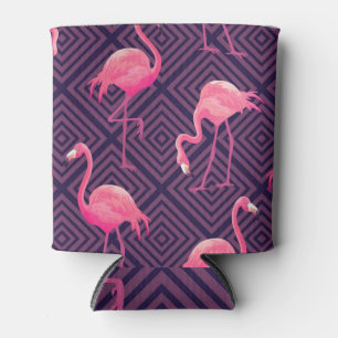 Porta-lata Inflamingos, fundo geométrico roxo.