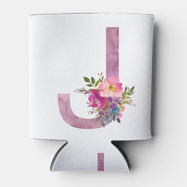 Porta-lata J, Monograma floral inicial, flor de aquarela (Frente)