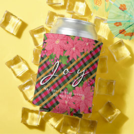 Porta-lata Joy Christmas Poinsettia Plaid Business Logo Gift