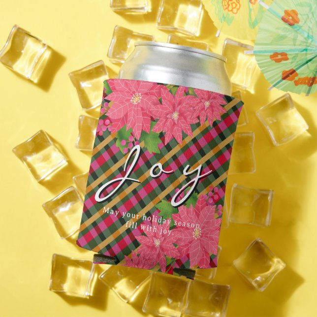 Porta-lata Joy Christmas Poinsettia Plaid Business Logo Gift (Verão in situ)