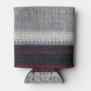 Porta-lata Lã de tricô: listras brancas e vermelhas.