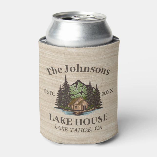 Porta-lata Lake House Wood Themed Family Name Personalizado (Can Front)