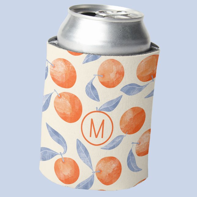 Porta-lata Laranjas dos Citros Monograma Padrão de Aquarela I (Monogram initial personalized citrus oranges watercolor Mediterranean can cooler)