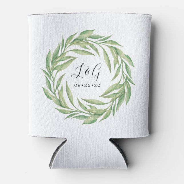 Porta-lata Leafy Watercolor Wreath Weding Favor (Frente)