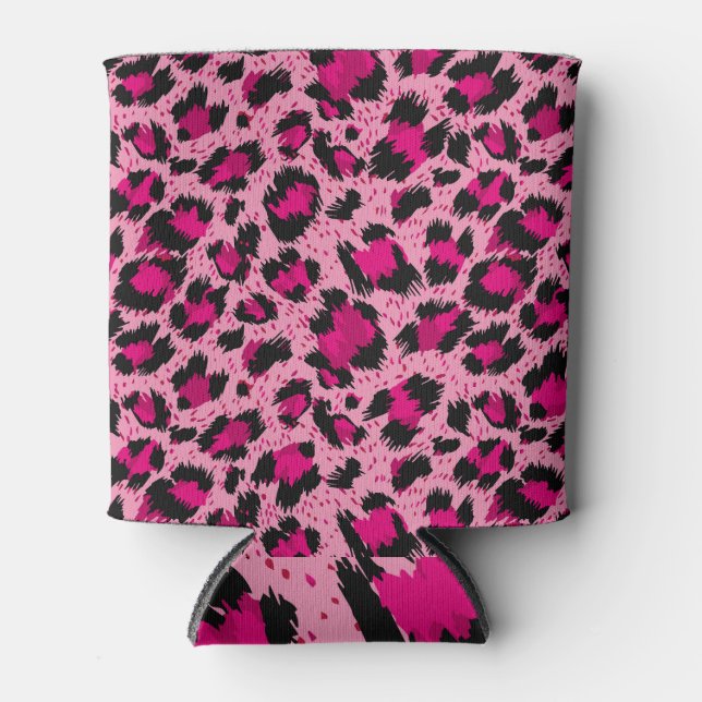 Porta-lata Leopardo rosa de luxo, padrão de safena. (Frente)