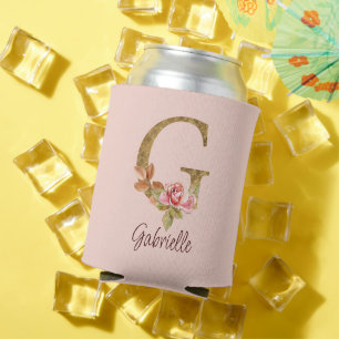 Porta-lata Letra Personalizada G Folha Dourada Rosas Rosa Pál
