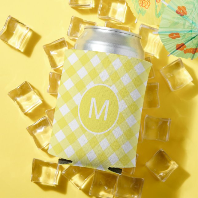 Porta-lata Light Yellow Classic Gingham Pattern Monogram (Verão in situ)