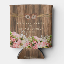 Porta-lata Lindas rosas rosa e brancas sobre madeira