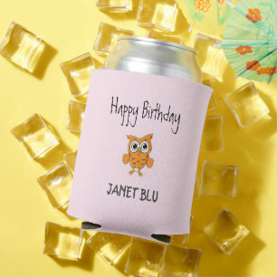Porta-lata Lindo owl laranja feliz aniversário em rosa