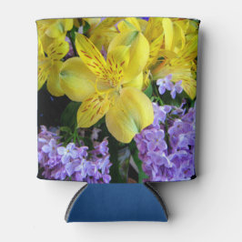 Porta-lata Lírios Amarelos e Flores Lilases Roxos