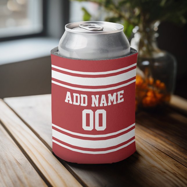 Porta-lata Listras Vermelhas e Brancas com Nome e Número (Personalized Can Cooler - add a name and custom text to this sports jersey design)
