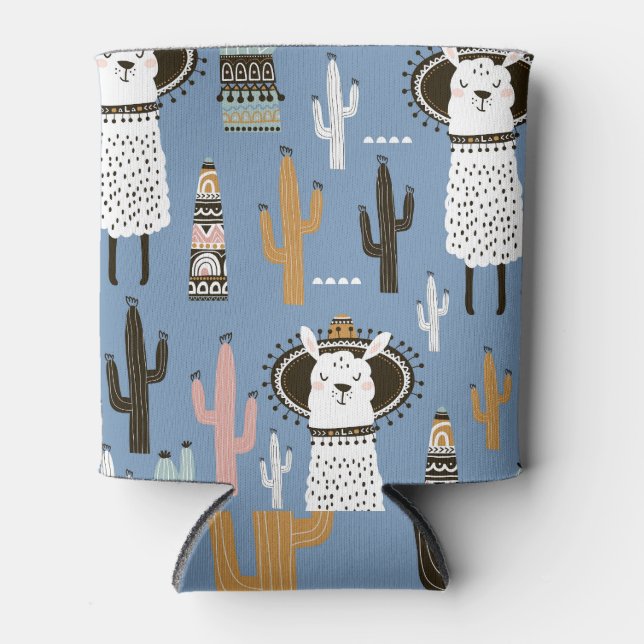 Porta-lata Llama, Cactus, Padrão De Elementos Desenhados À Mã (Frente)