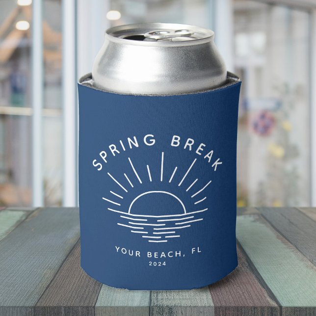Porta-lata Local Personalizado de Quebra de Primavera Moderna (A navy blue can cooler with "Spring Break" and a minimalist sunset design + custom text)