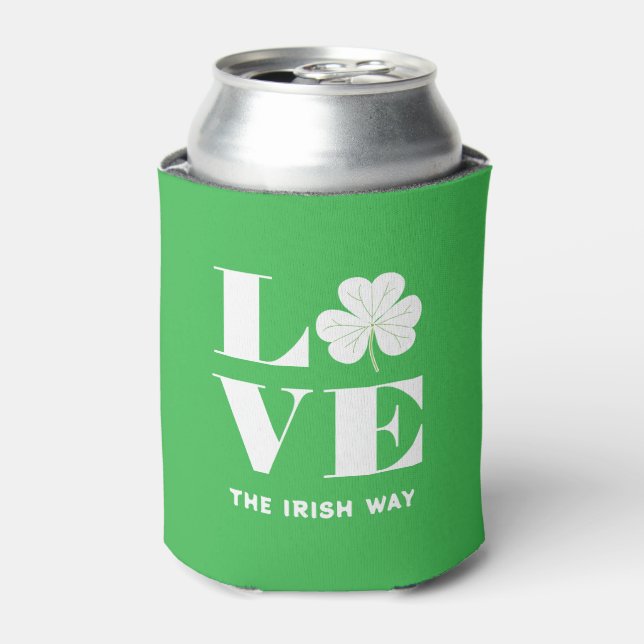 Porta-lata Love Shamrock Clover Irish Green White Text (Can Front)