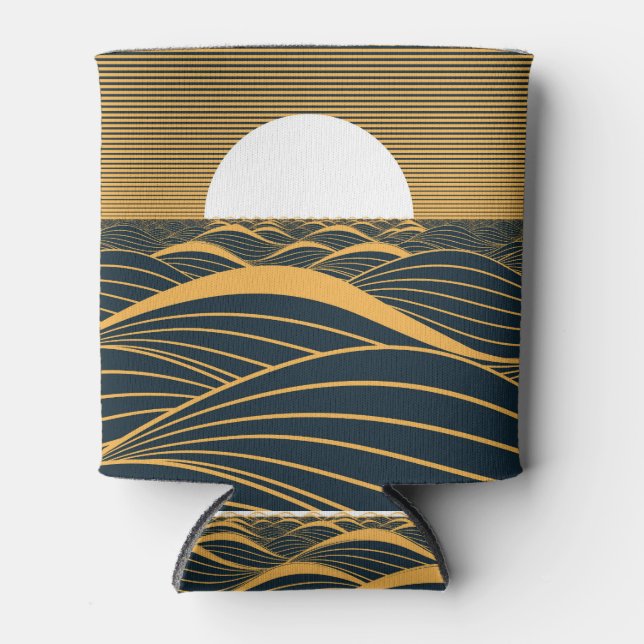 Porta-lata Lua-sol estilizada, ilustração do mar escuro. (Frente)