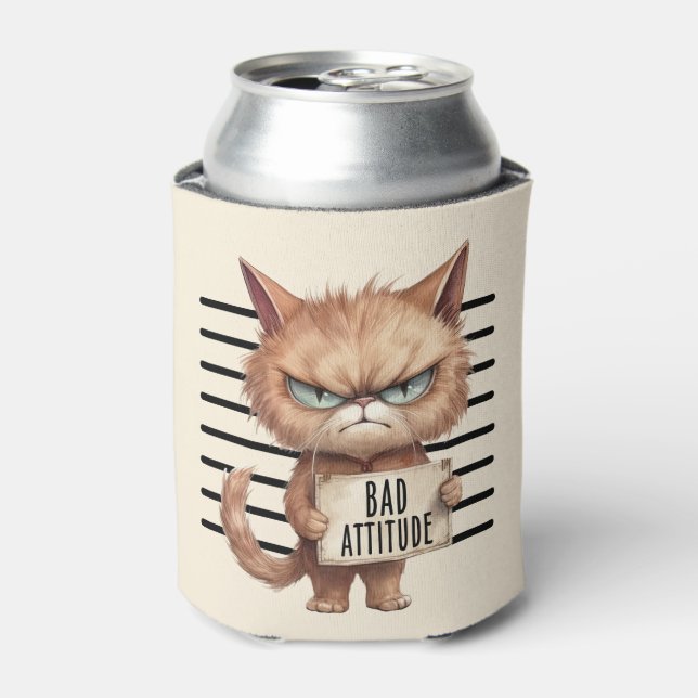 Porta-lata Má Atitude Cat Mugshot - Design Felino Engraçado (Can Front)
