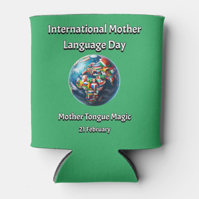 Porta-lata Madre Tongue Magic. Dia da Língua Mãe. (Frente)