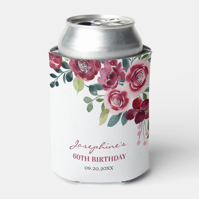 Porta-lata Magenta Pink Rose Floral Greenery Birthday (Can Front)