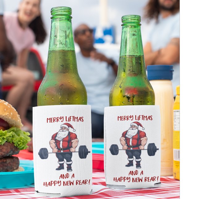 Porta-lata Malhação engraçada Papais noeis de Natal de Natal  (Funny fitness themed Christmas party cheer Beer Coolers.)