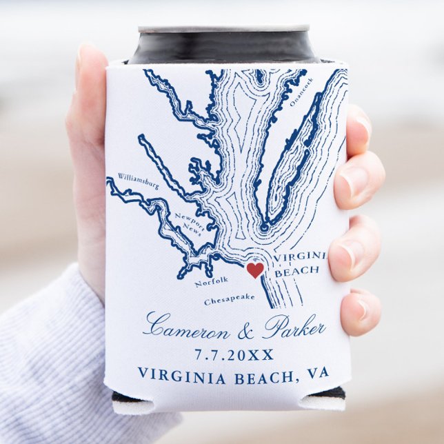 Porta-lata Mapa de Virgínia de Praia Elegante Marinho Blue We (Virginia Beach Can Coozie Wedding Favor for an Elegant Navy Blue Wedding from Coastal Map Designs)