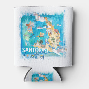 Porta-lata Mapa Ilustrado da Grécia Santorini com Estradas Pr