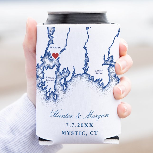 Porta-lata Mapa Místico do Marinho Elegante de Casamento Azul (Mystic CT Map Wedding Coozie Can Cooler Favor in Navy Blue by Coastal Map Designs)
