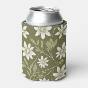Porta-lata Margaridas Brancas Tropicais em Elegante Verde Oli