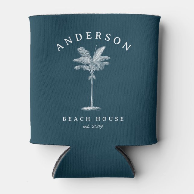 Porta-lata Marinho Blue Simple Palm Tree Beach House (Frente)