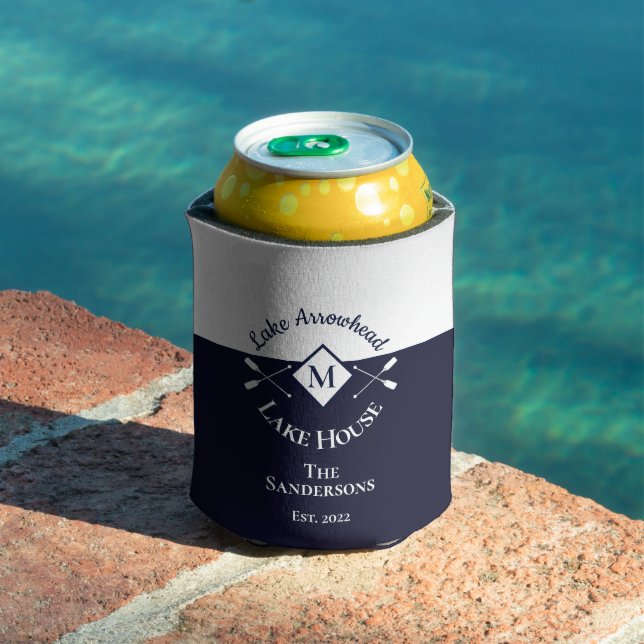 Porta-lata Marinho moderno náutico Cinza azul Monograma Lake  (Piscina in situ)