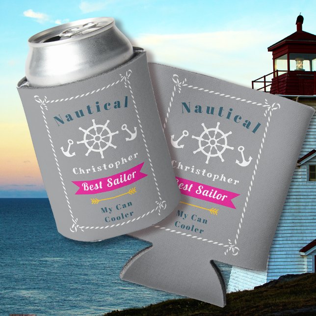 Porta-lata Melhor Cinza de vela náutica (Nautical Best Sailor Grey Can Cooler.)