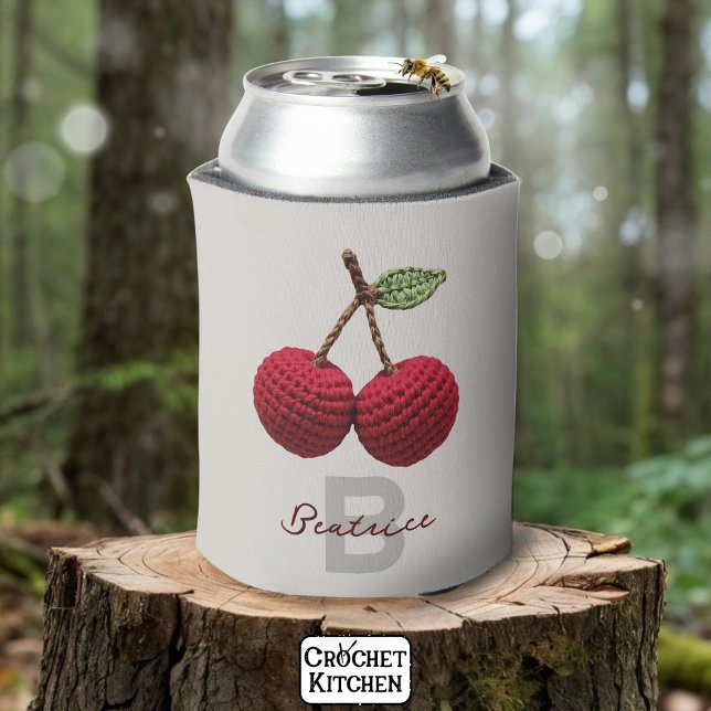 Porta-lata Menino Menor Crochet Vermelho de Cereja Nome (Criador carregado)