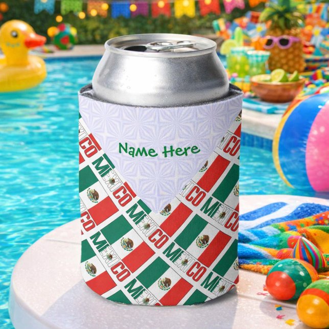 Porta-lata México e a bandeira mexicana são verdes personaliz (Personalized can cozie with tiled Mexican Flag and MEXICO. Put name inside white fractal.)