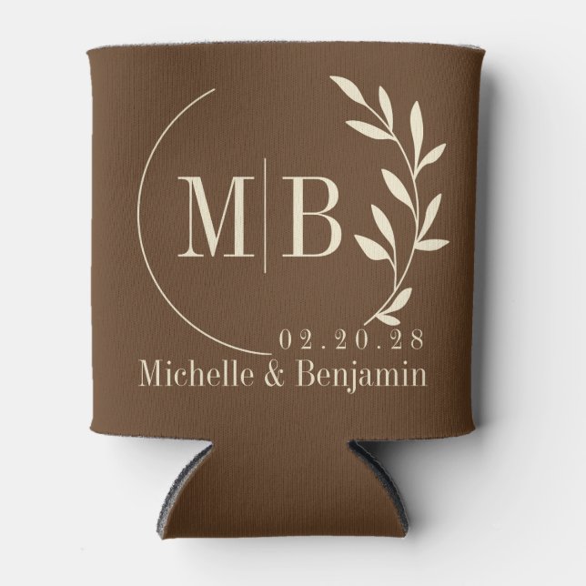 Porta-lata Mid-Century Forest Brown Leaf Wedding Monogram (Frente)