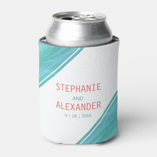 Porta-lata Modern Teal Coral Wedding (Can Front)